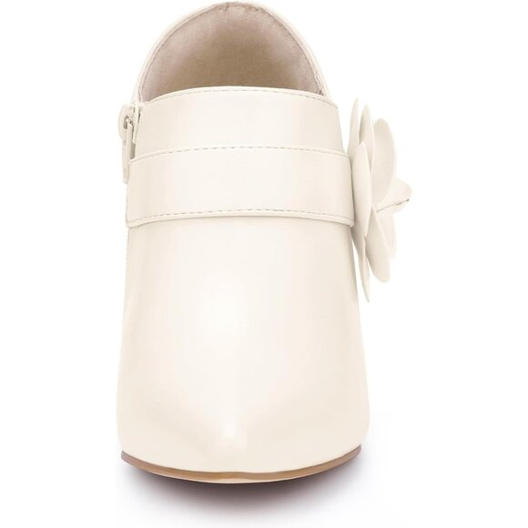 ⚡Women's White Faux Leather Flower Stiletto Heels Pointy Toe Ankle Booties - Picture 5 of 7